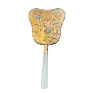 Vintage White Jade Hand Mirror Asian Bird Floral